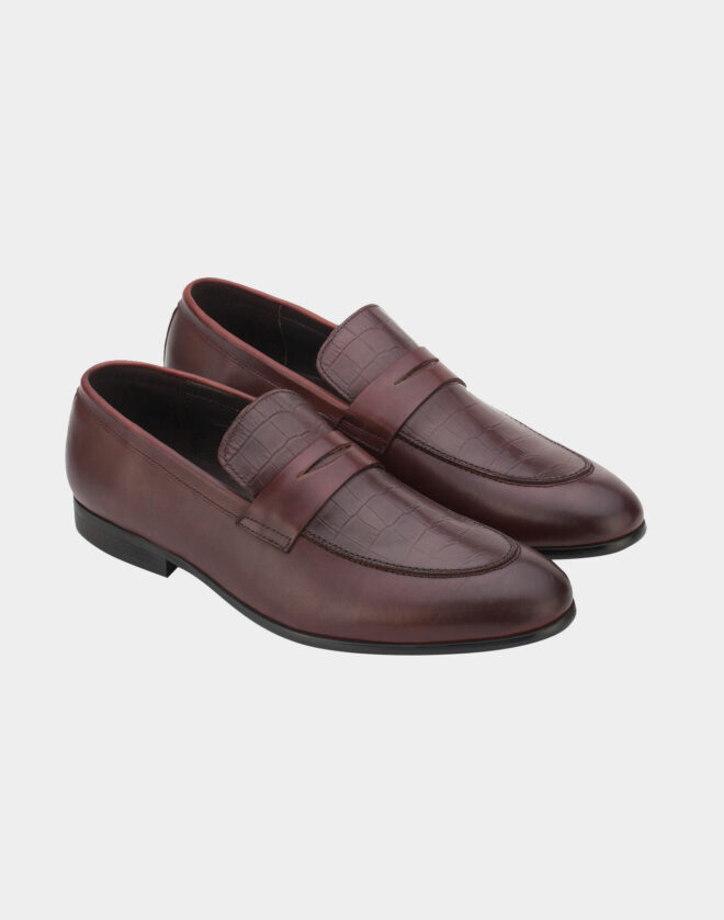 Brown leather printed penny loafers