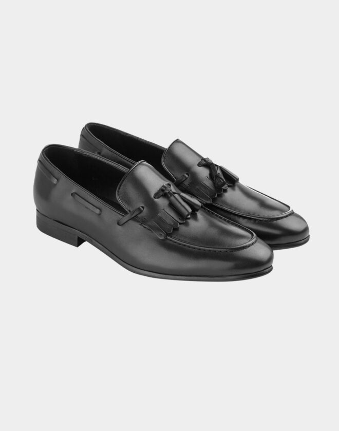 Black leather loafers with bangs