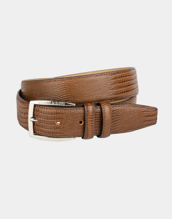 Brown leather belt with snake print