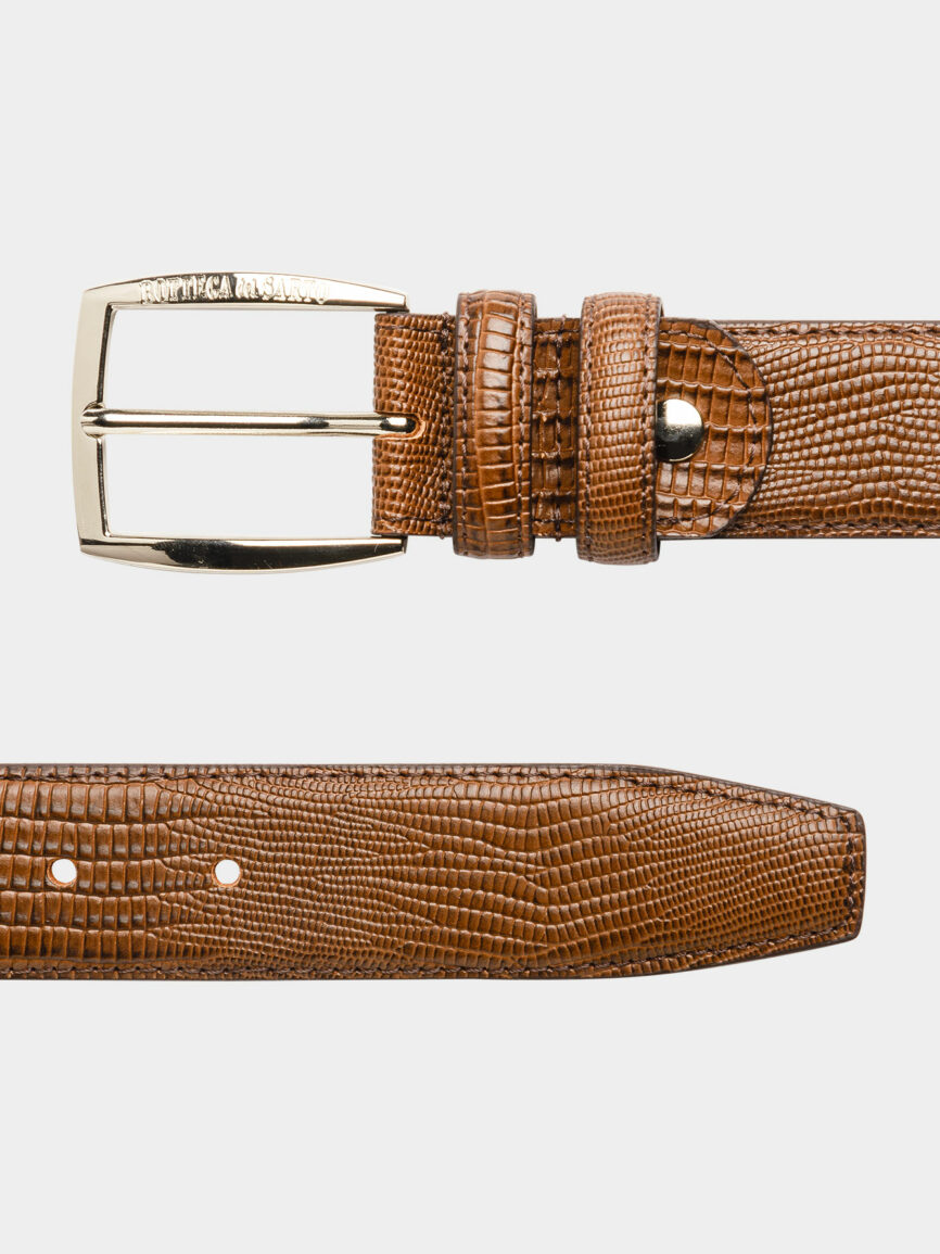 Brown leather belt with snake print