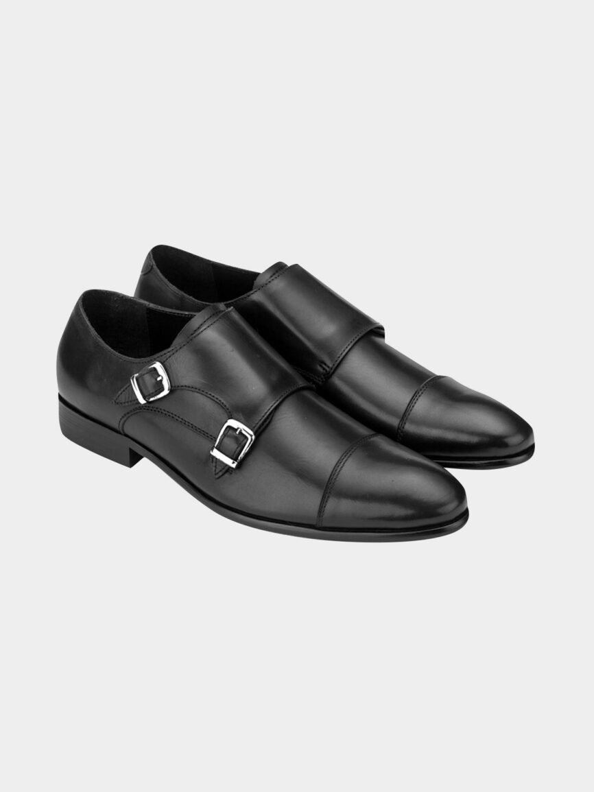 Black double buckle monk strap shoe