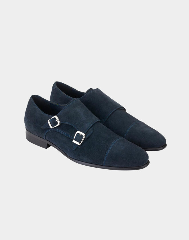 Blue suede double buckle monk strap shoe
