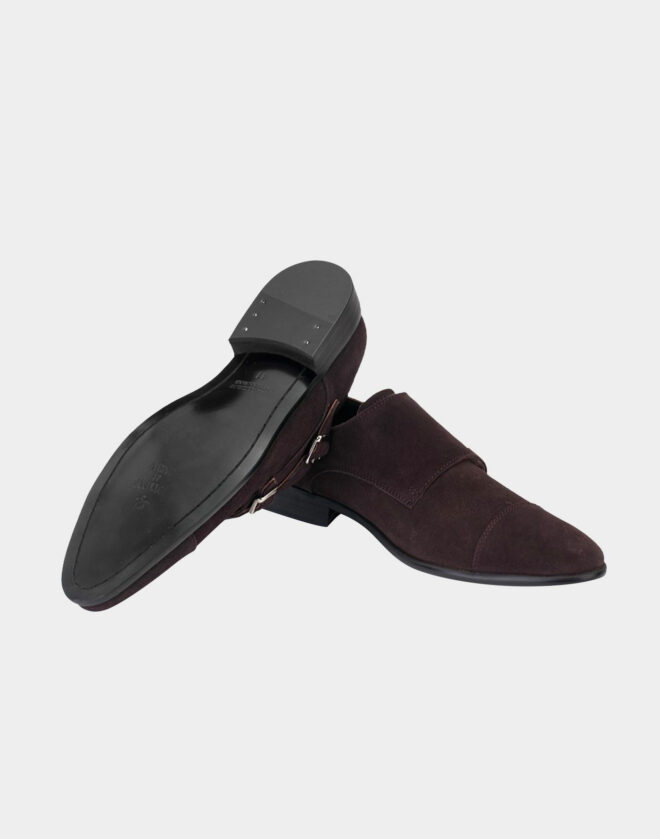 Brown suede double buckle monk strap shoe