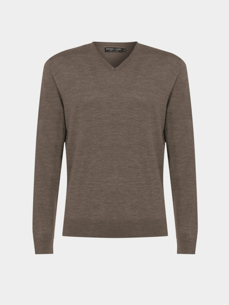 V-neck sweater in extra-fine merino wool Italian taupe