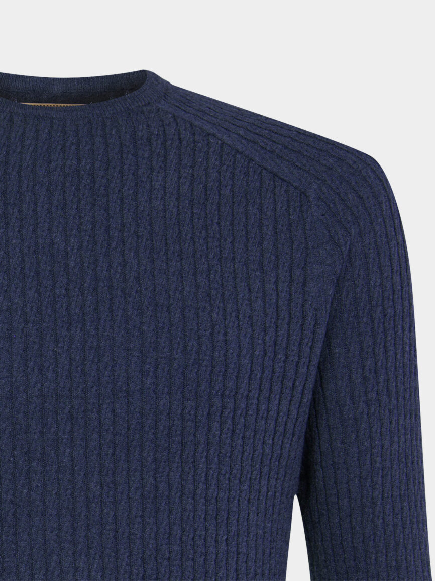 Blue cotton-cashmere cable-knit crew neck.