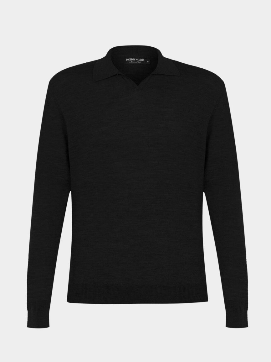 Italian black extra-fine merino wool polo sweater