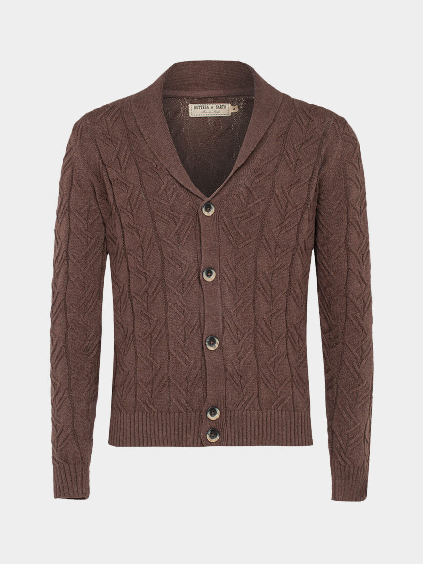 Cotton and cashmere buttoned cardigan with brown braid pattern