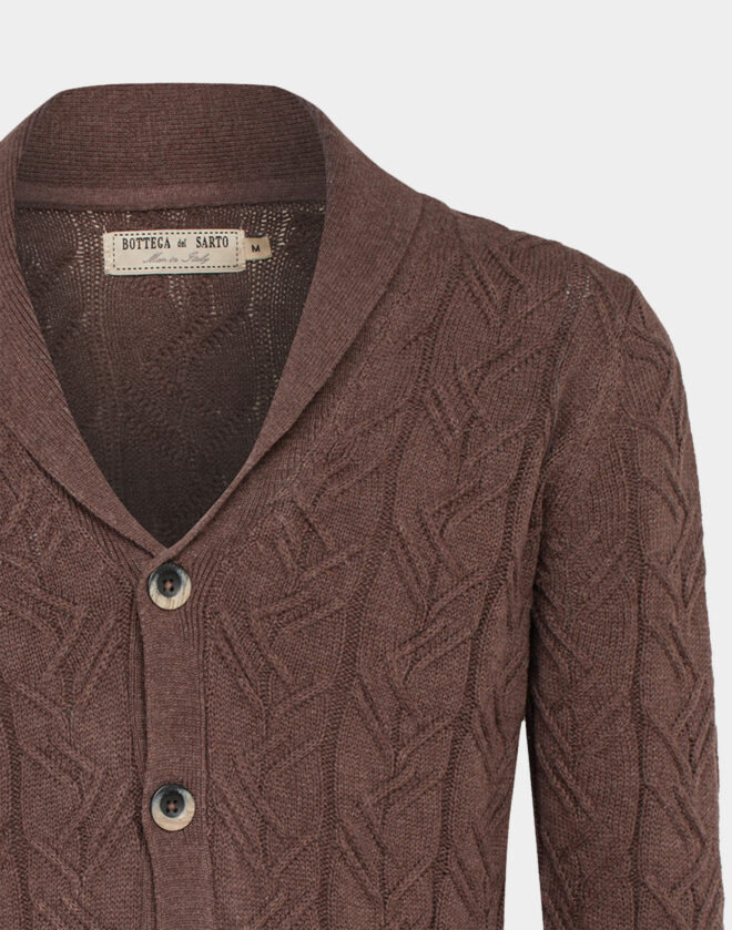 Brown Cotton and cashmere shawl button cardigan with braided pattern