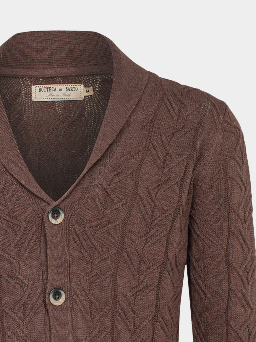 Brown Cotton and cashmere shawl button cardigan with braided pattern