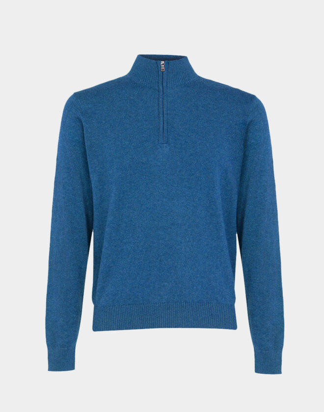 Electric blue Cotton and Cashmere Mock-neck sweater with zip and patch on the elbow