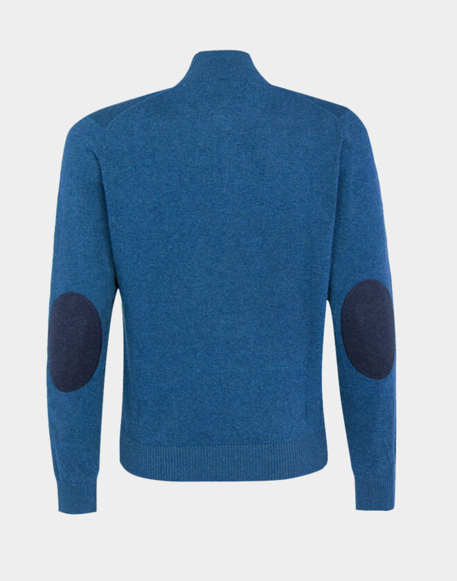 Electric blue Cotton and Cashmere Mock-neck sweater with zip and patch on the elbow