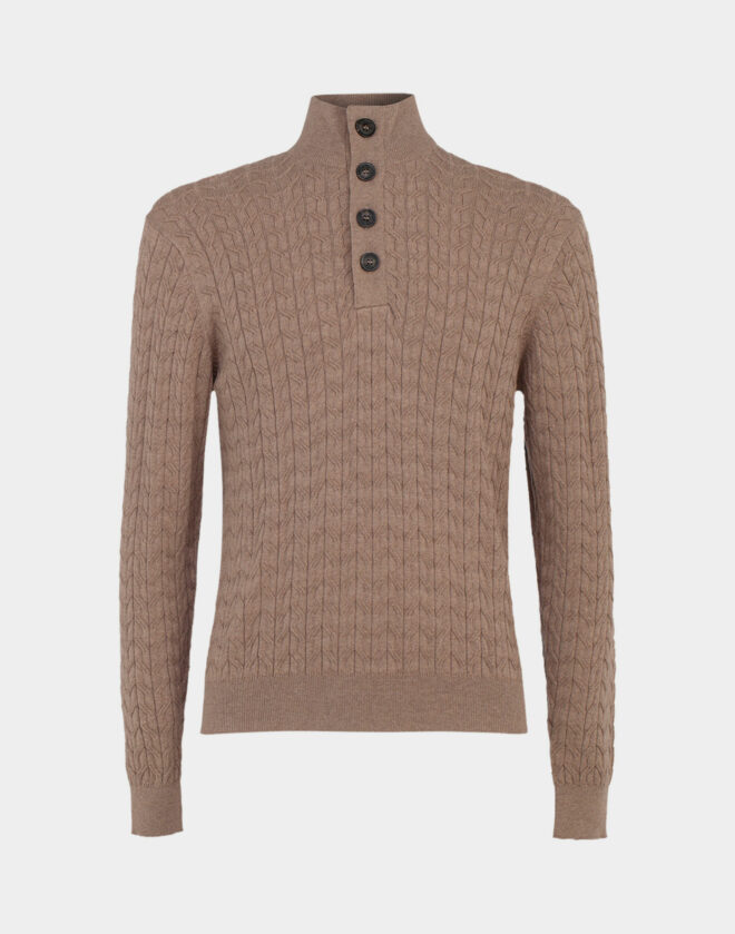 Taupe Cotton and Cashmere Mock-neck sweater with buttons