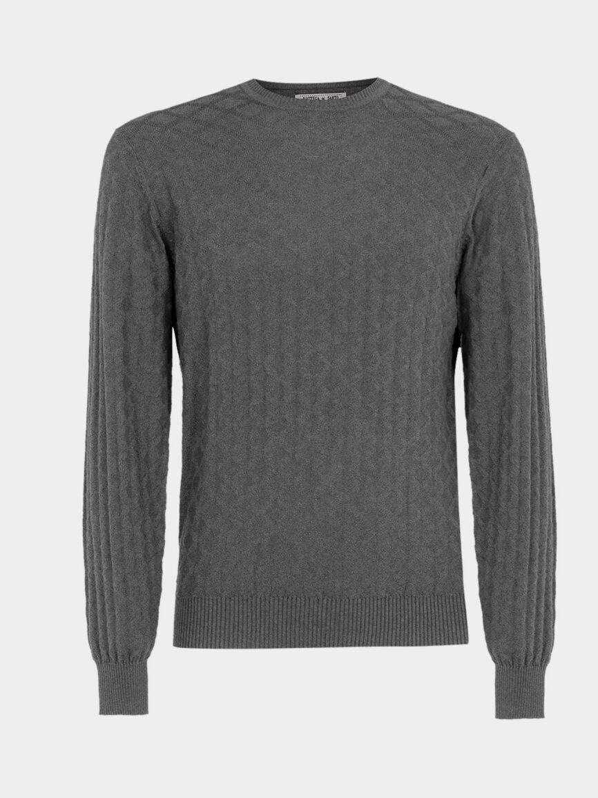 Charcoal gray cotton cashmere crew neck with lozenge weave