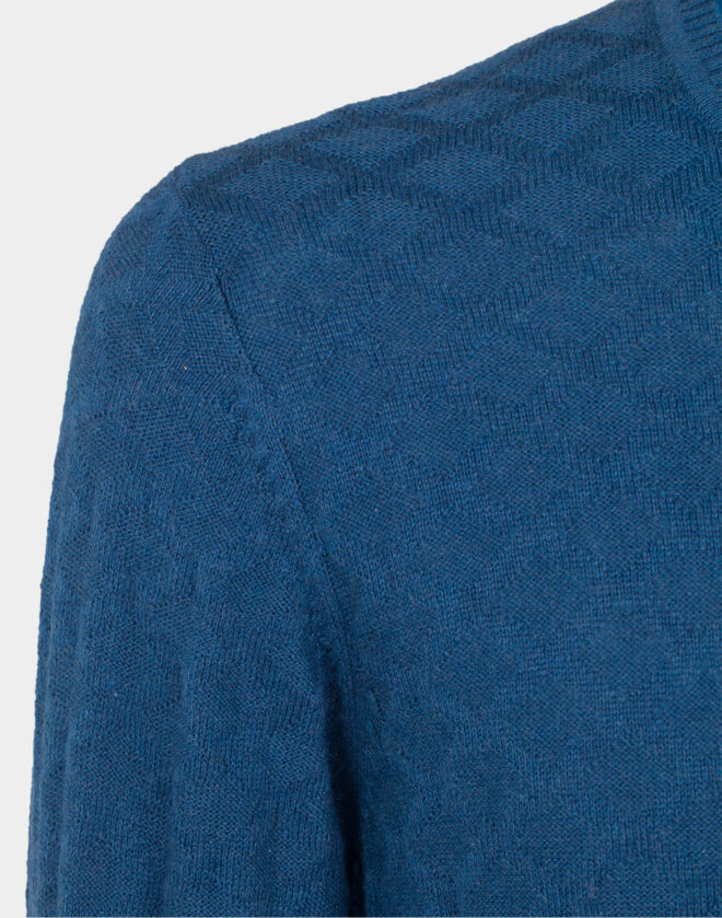 Air force blue cotton cashmere crew neck with lozenge weave