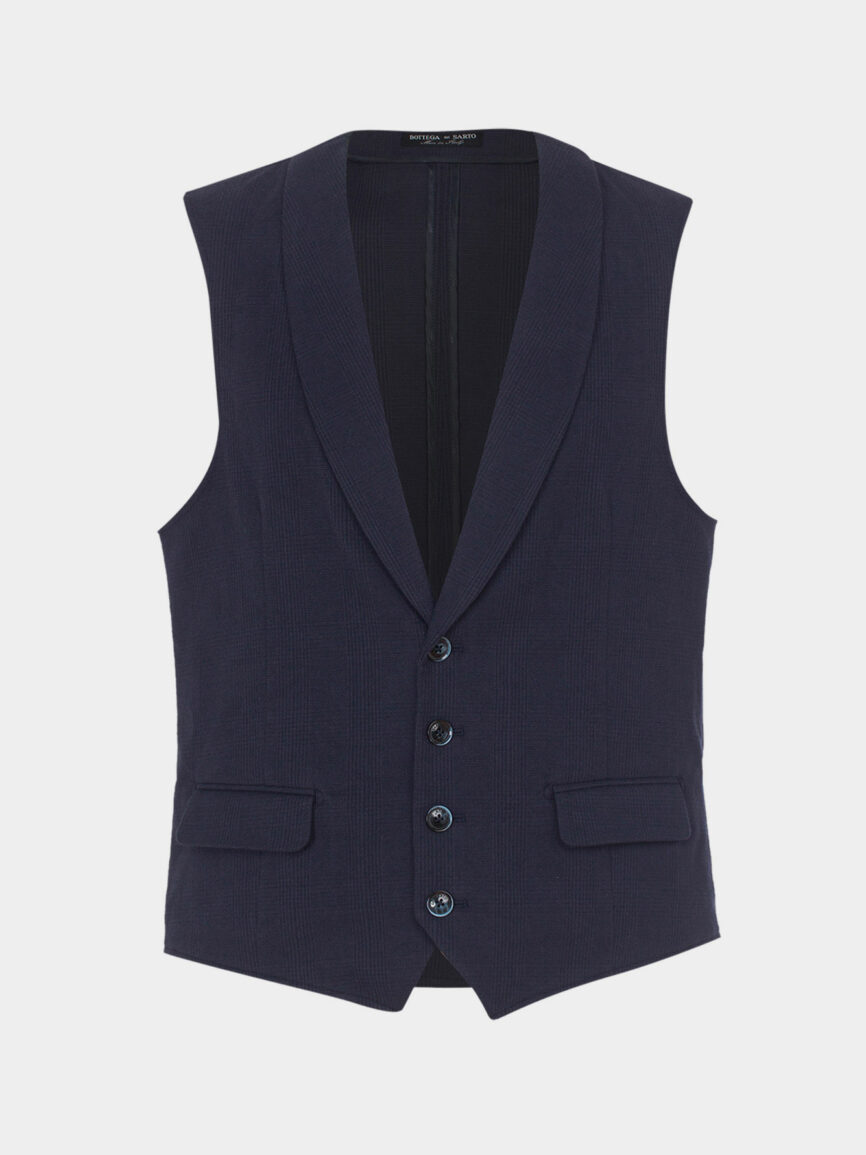 Printed cotton tailored vest with Prince of Wales patterned blue
