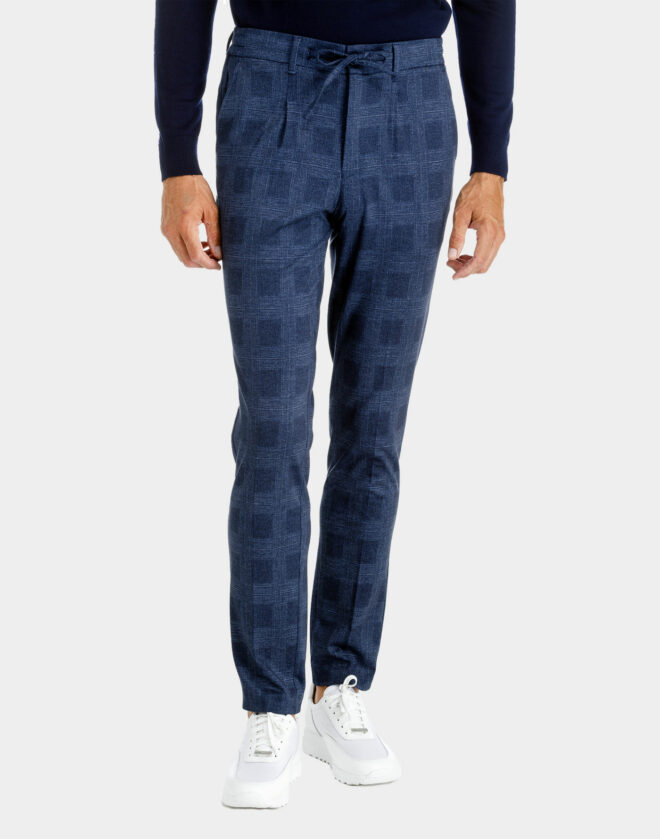 Drawstring cotton jersey trousers with blue melange check