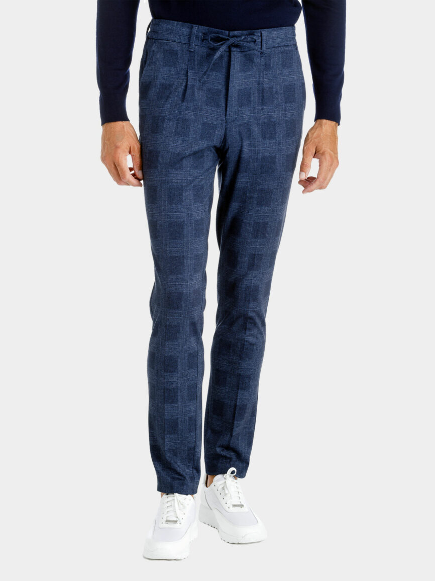 Drawstring cotton jersey trousers with blue melange check