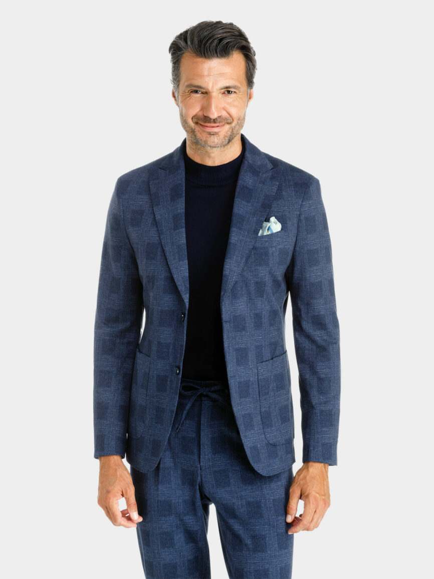 Giacca Milano monopetto in jersey di cotone con disegno a quadri blu melange