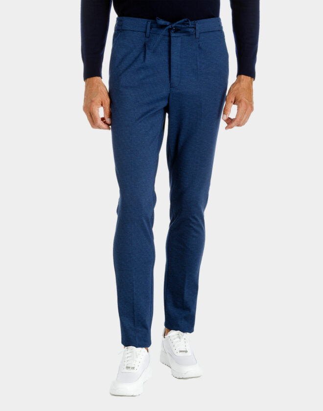 Drawstring cotton jersey trousers with blue melange microdesign
