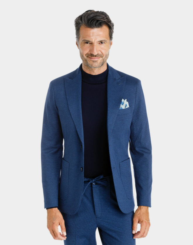 Giacca Milano monopetto in jersey di cotone con disegno microfantasia blu melange