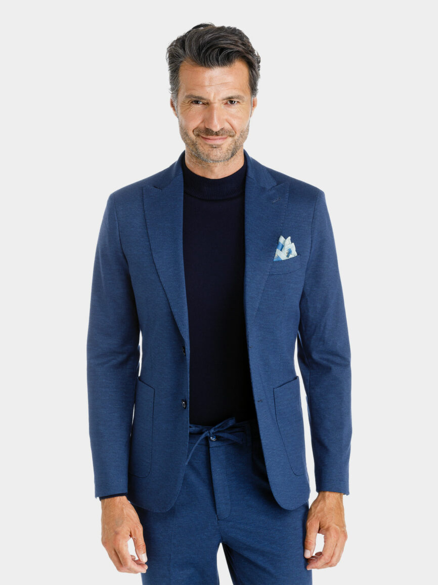 Giacca Milano monopetto in jersey di cotone con disegno microfantasia blu melange