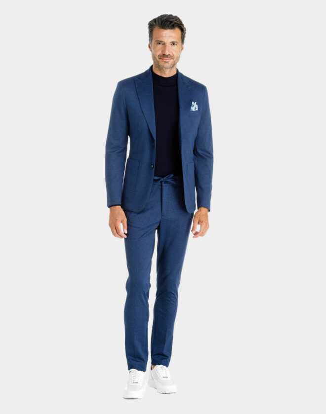 Abito con giacca Milano monopetto in jersey di cotone con disegno microfantasia blu melange