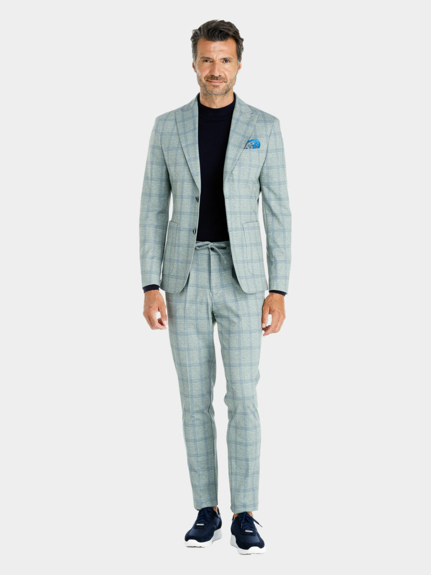 Milan single-breasted cotton jersey jacket suit with melange green wales design
