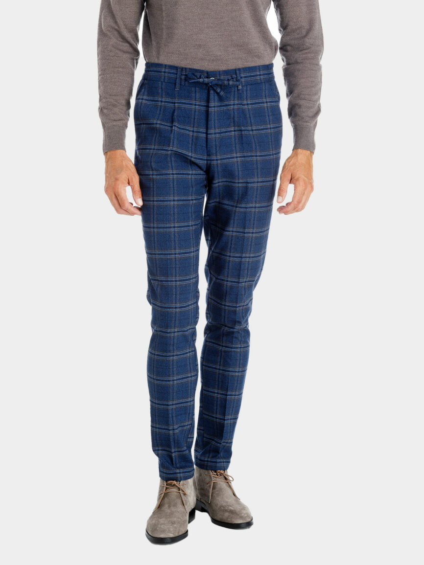 Drawstring cotton jersey trousers with Cobalt Blue Prince of Wales Check