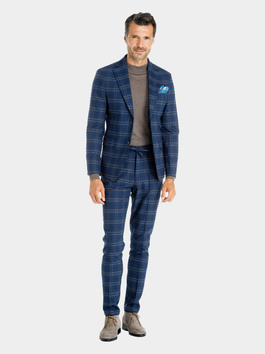 Suit with Cobalt blue cotton jersey Prince of Wales Check Milano blazer