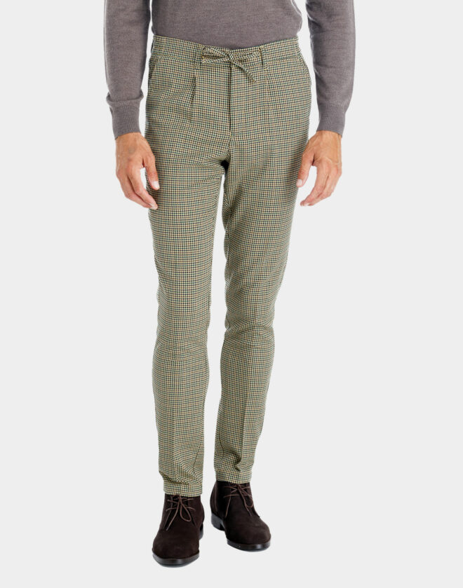 Drawstring cotton jersey trousers with Light Brown pied-de-poule pattern