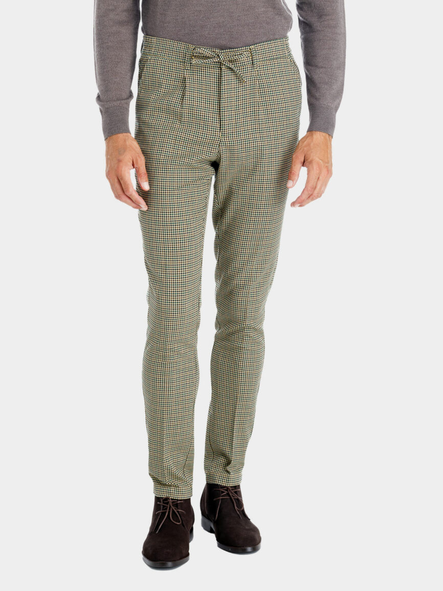 Drawstring cotton jersey trousers with Light Brown pied-de-poule pattern