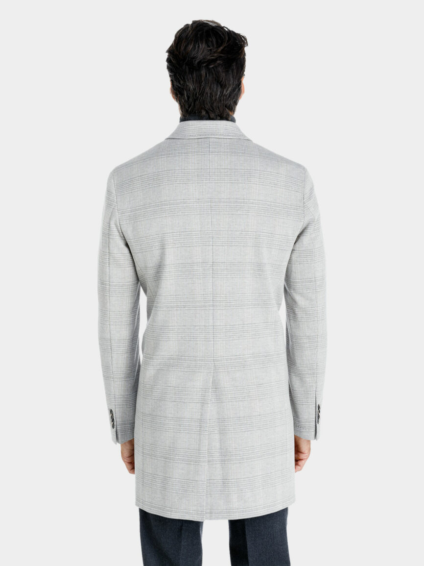 Turin double-breasted coat in wool jersey with light gray check pattern