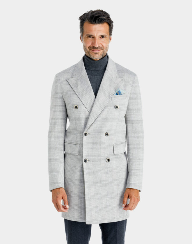 Turin double-breasted coat in wool jersey with light gray check pattern