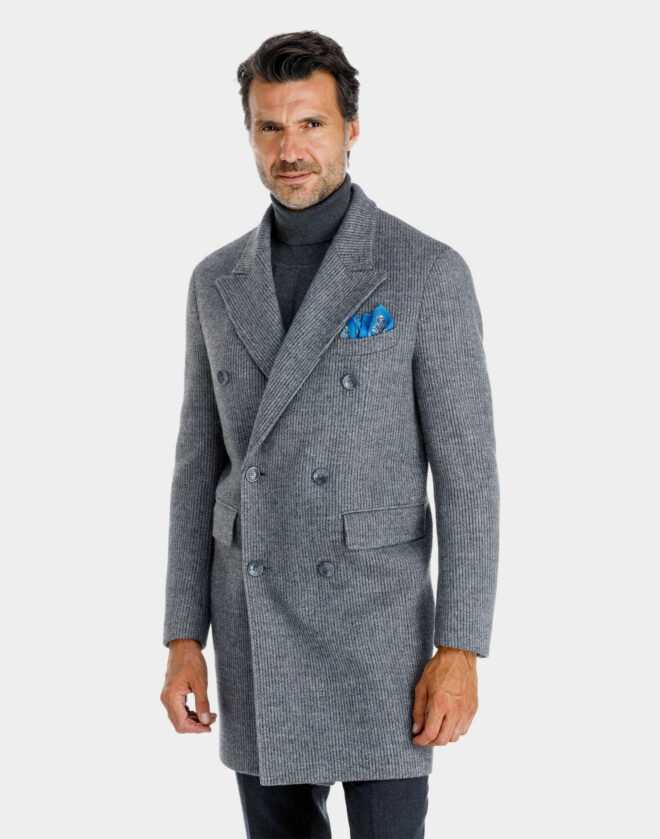 Double-breasted wool jersey Torino coat with dark gray striped pattern