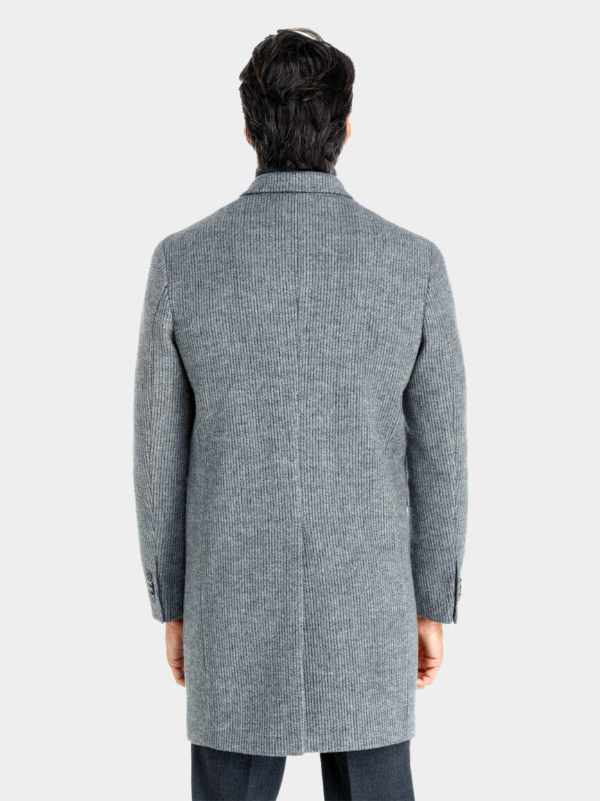 Double-breasted wool jersey Torino coat with dark gray striped pattern