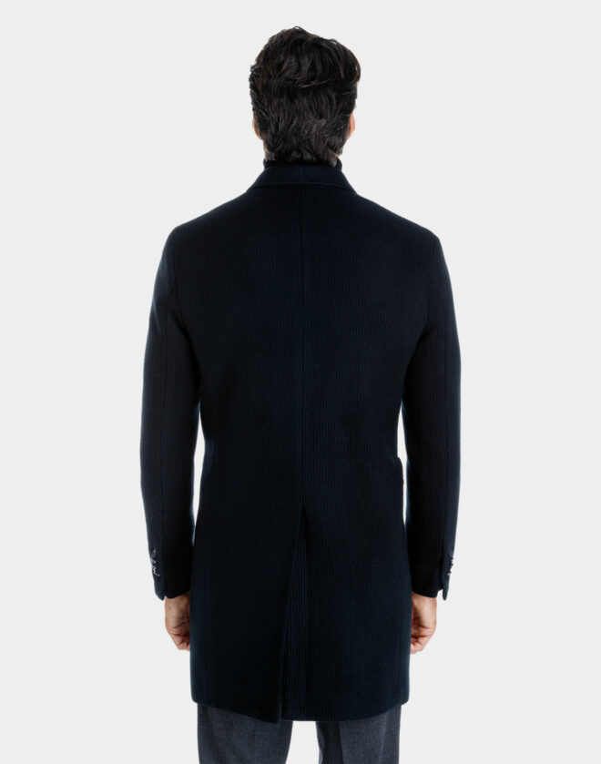 Double-breasted wool jersey Torino coat with blue navy striped pattern