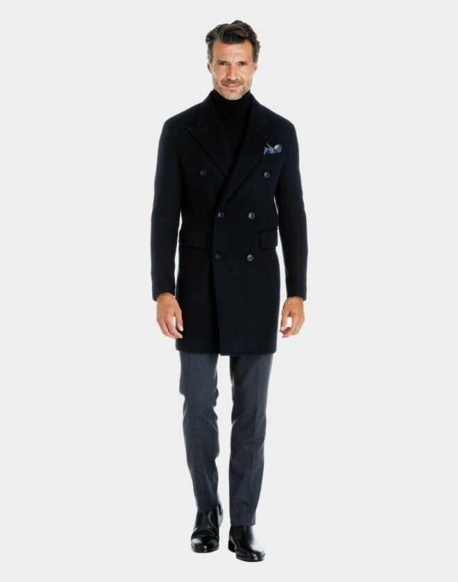 Cappotto Torino doppiopetto in jersey di lana con fantasia a righe blu navy
