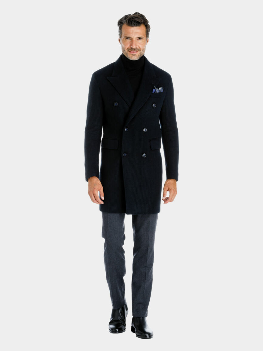Double-breasted wool jersey Torino coat with blue navy striped pattern