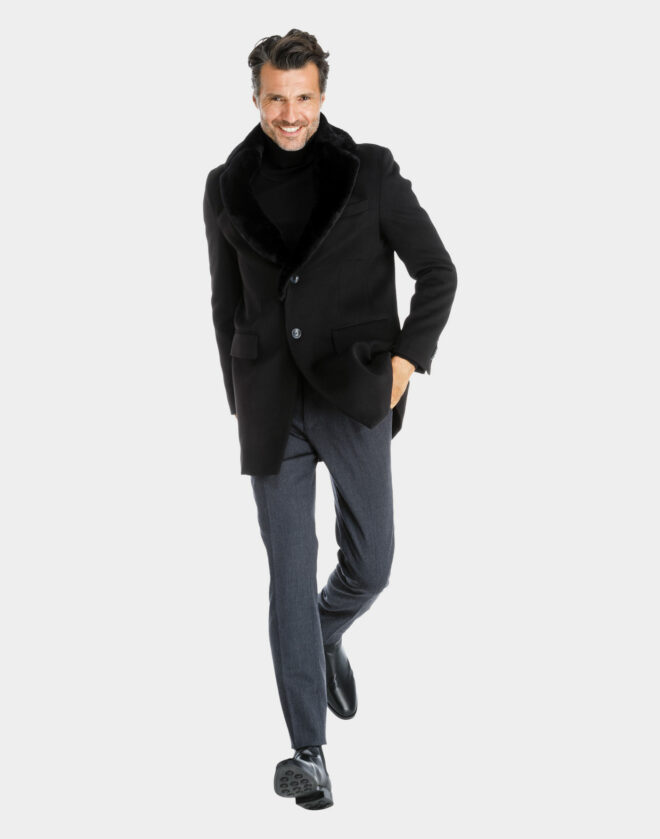 Cappotto Verona nero in misto lana con collo in pelliccia