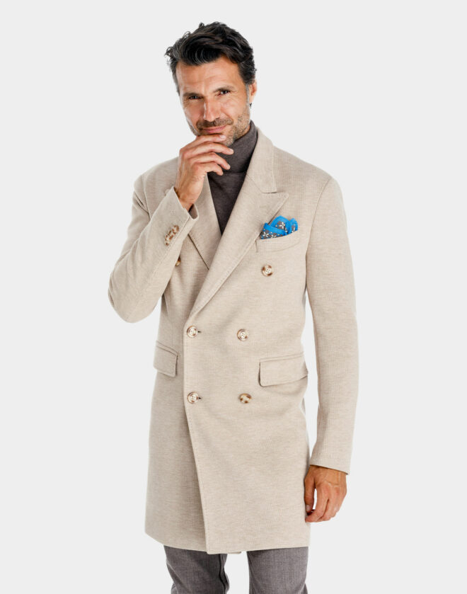 Cappotto Torino doppiopetto in jersey di cotone con micro fantasia ecru