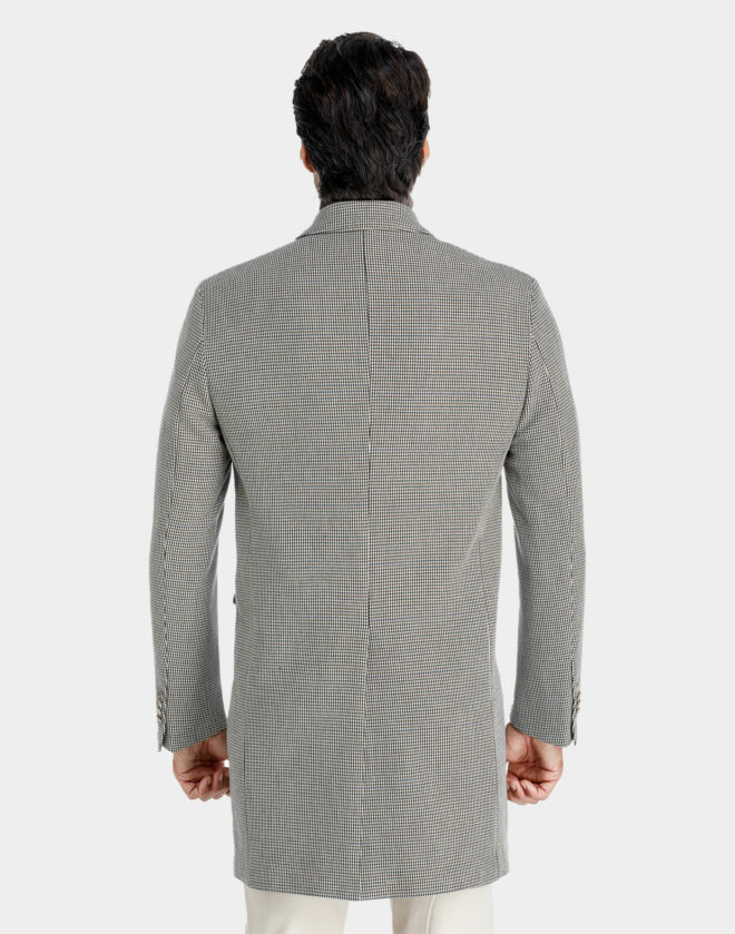 Double-breasted cotton jersey Torino coat with brown houndstooth pattern