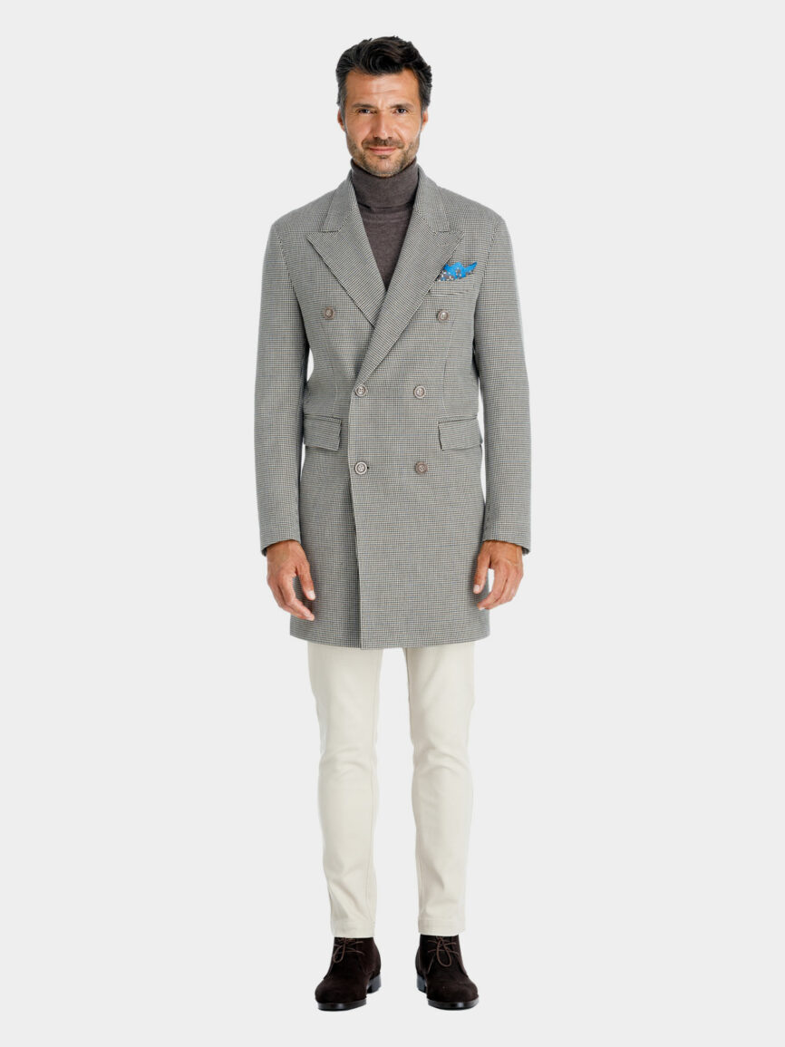 Cappotto Torino doppiopetto in jersey di lana con fantasia pied- de-poule marrone