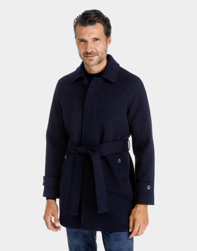 Navy blue Mantova overcoat in diangonal cotton jersey with belt