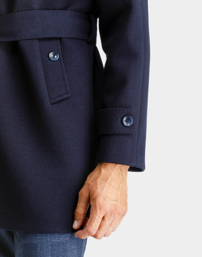 Navy blue Mantova overcoat in diangonal cotton jersey with belt