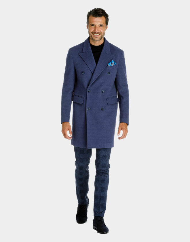 Cappotto Torino doppiopetto in jersey di cotone con micro fantasia blu avio