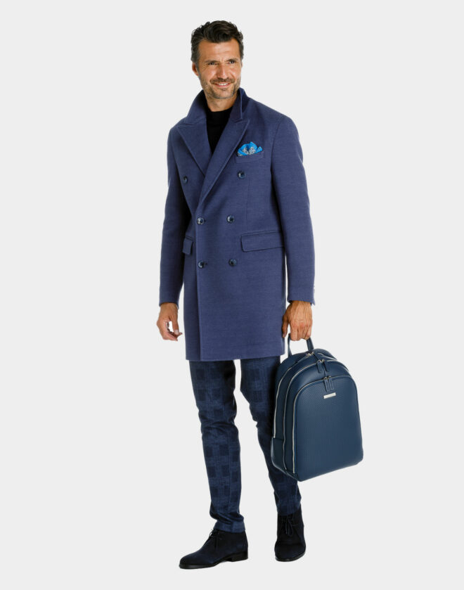 Double-breasted cotton jersey Torino coat with aviation blue micro pattern