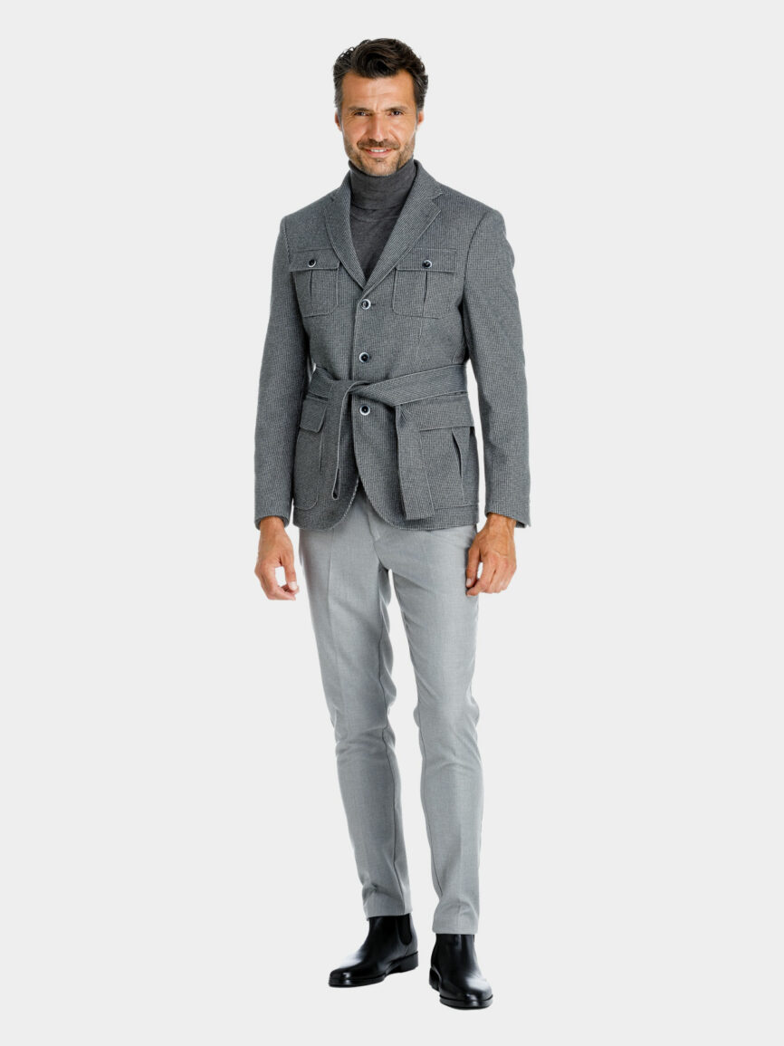 Parma cotton jersey sahariana jacket with gray houndstooth pattern