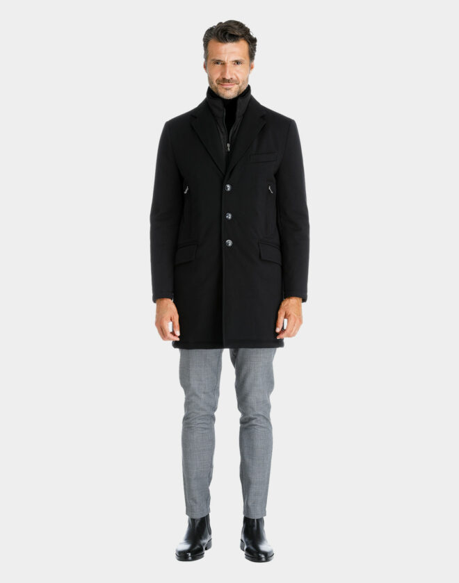 Black technical diagonal waterproof fabric coat with neck warmer