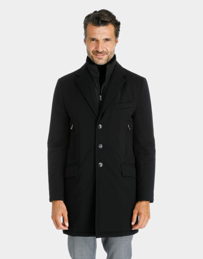 Black technical diagonal waterproof fabric coat with neck warmer