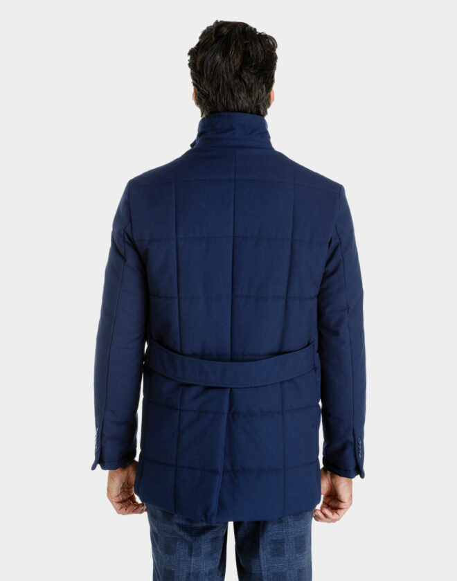 Blue long padded partridge eye waterproof fabric jacket with neck warmer